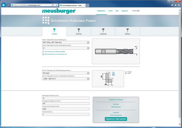Calculadora de parámetros de corte de Meusburger